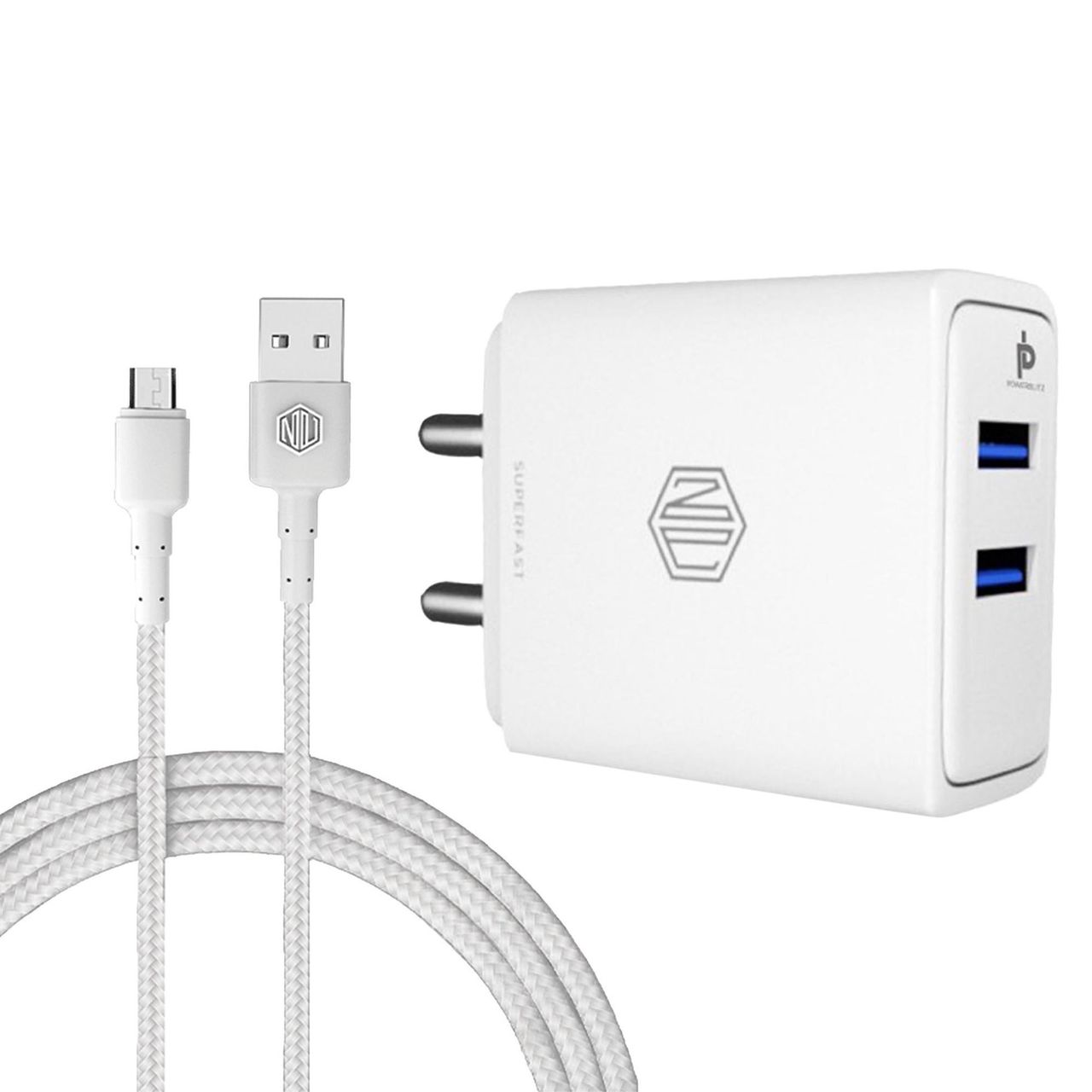 Nu Republic 15.5W Dual USB Port Superfast Charger Multiport Adapter + Cable, Micro USB to USBA, White