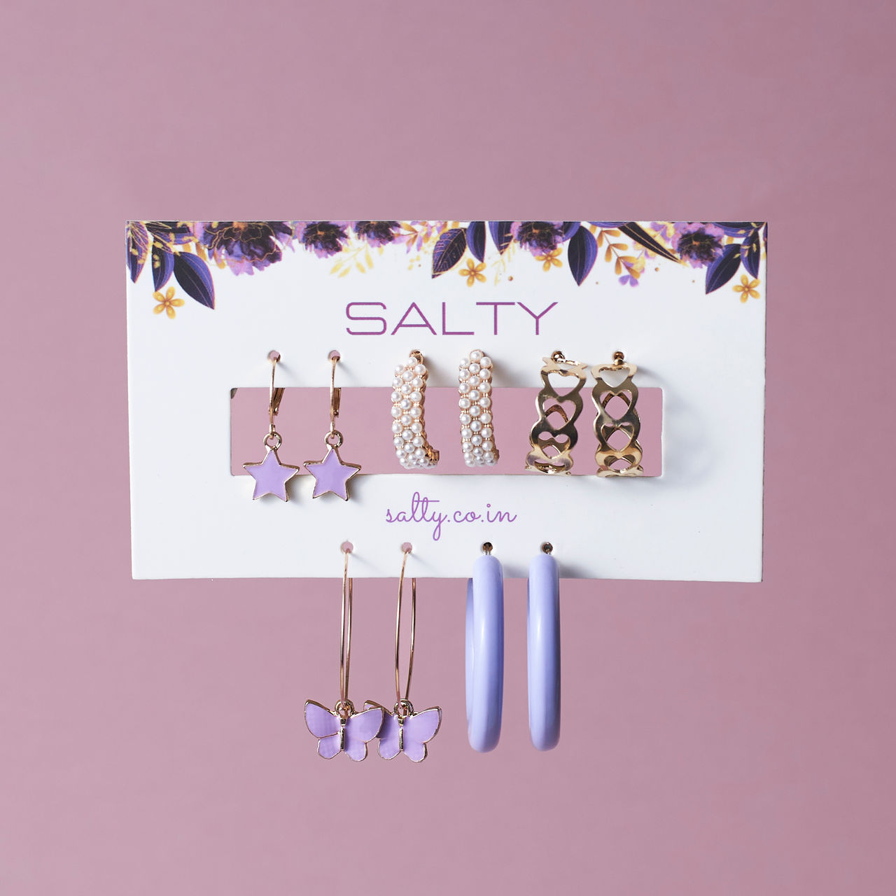 Salty Set of 5 Lilac Hoop Earring Set for Women and Girls| Anti-Tarnish | Gold and Purple