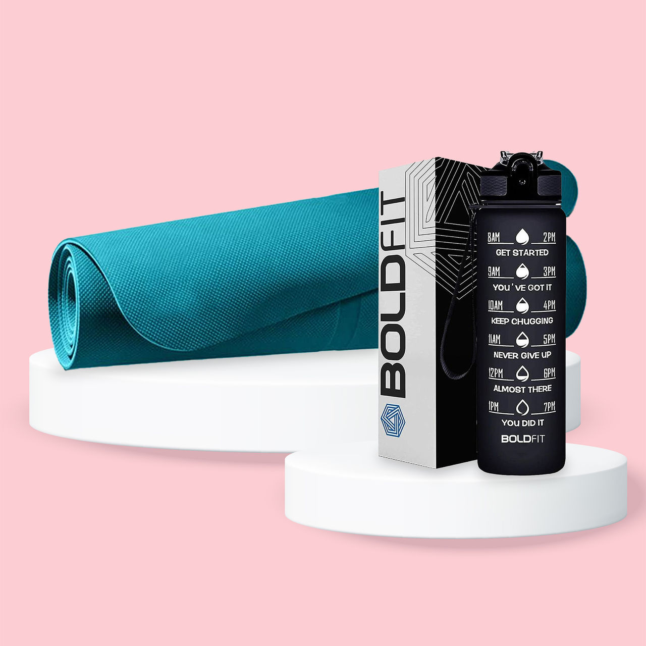 Lifelong Yoga Mat For Women & Men | Eva Material 4 Mm | Anti-Slip For Gym Workout - Sea Blue (1pc) & Boldfit Water Bottle With Motivational Time Markers 1 Litre - Black (1pc) Combo