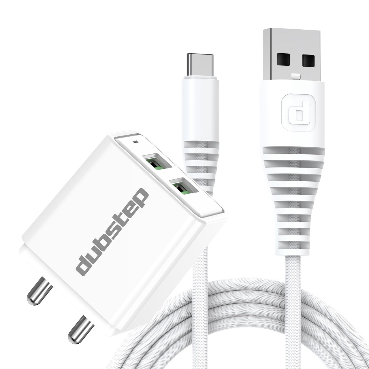 Dubstep Sprint 16W 3.1A Dual Usb Port Superfast Charger Adapter (With Cable Usb-A To Type-C, White)