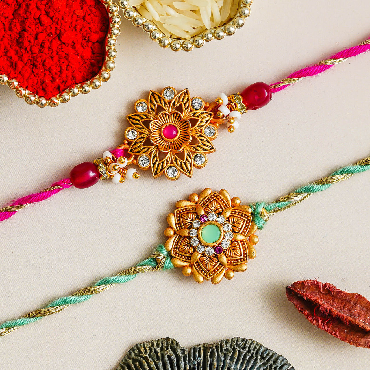 eCraftIndia Floral Beads Diamond Designer Rakhi Set| Roli Chawal Pack | Rakhi for Kids