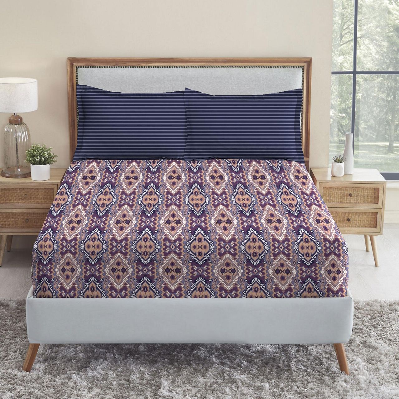 Mytrident Bedsheet Set | Queen Size Double Bed sheet set | 100% Cotton - Modern Indigo