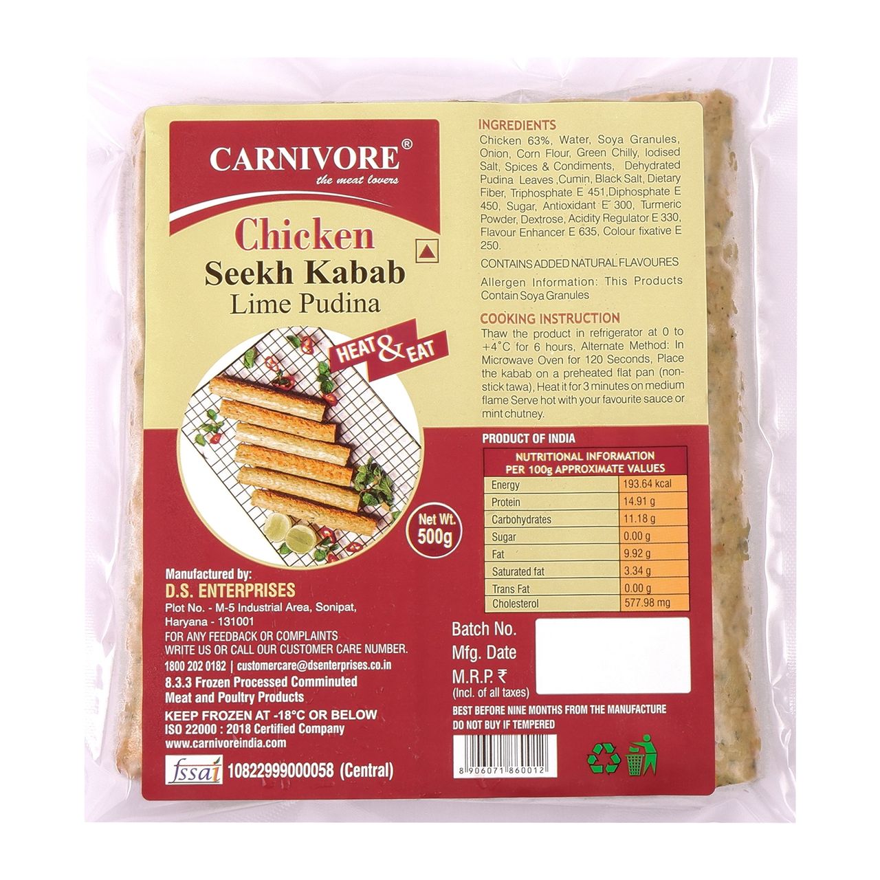 Carnivore Chicken Seekh Kabab (Lime Pudina)
