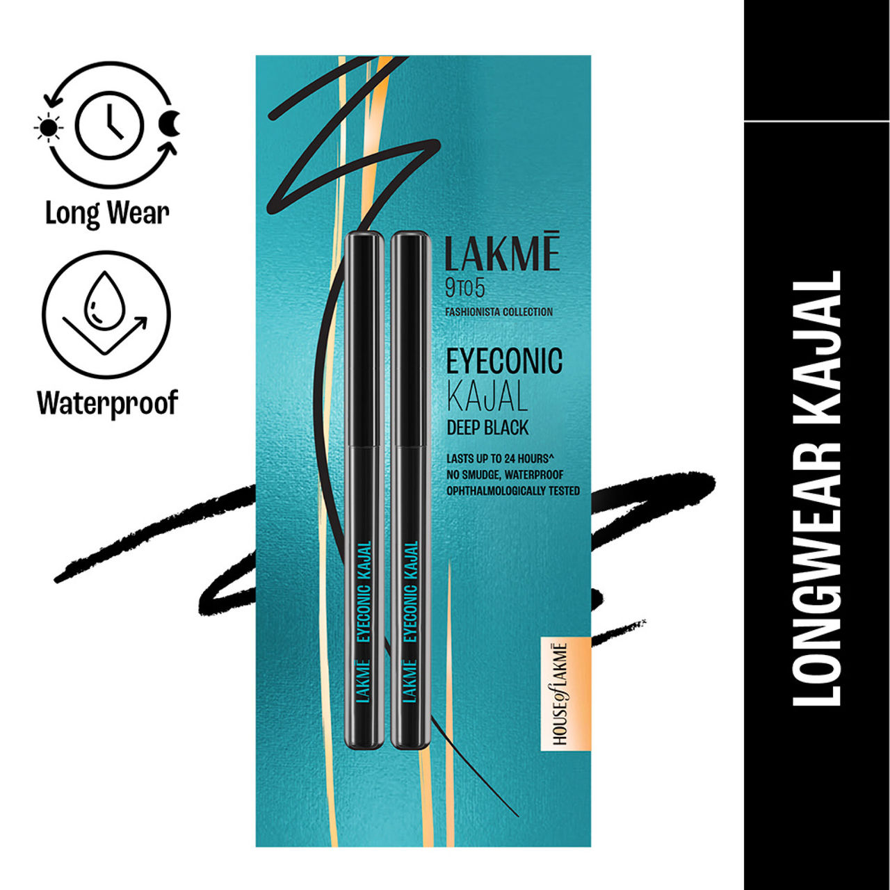 Lakme 9 to 5 Eyeconic Kajal Twin Pack, lasts upto 24hrs, Pack of 2- Deep Black