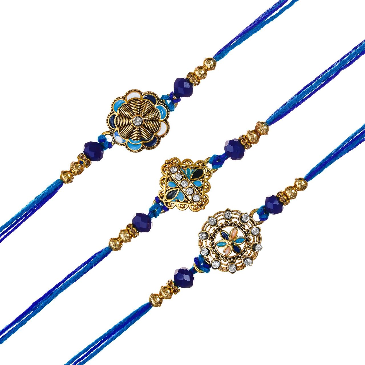 Floral Blue Golden Designer Rakhi for Bhaiya, Bhai, Bhabhi and Kids with Roli Chawal Pack (eCraftIndia) Set of 3