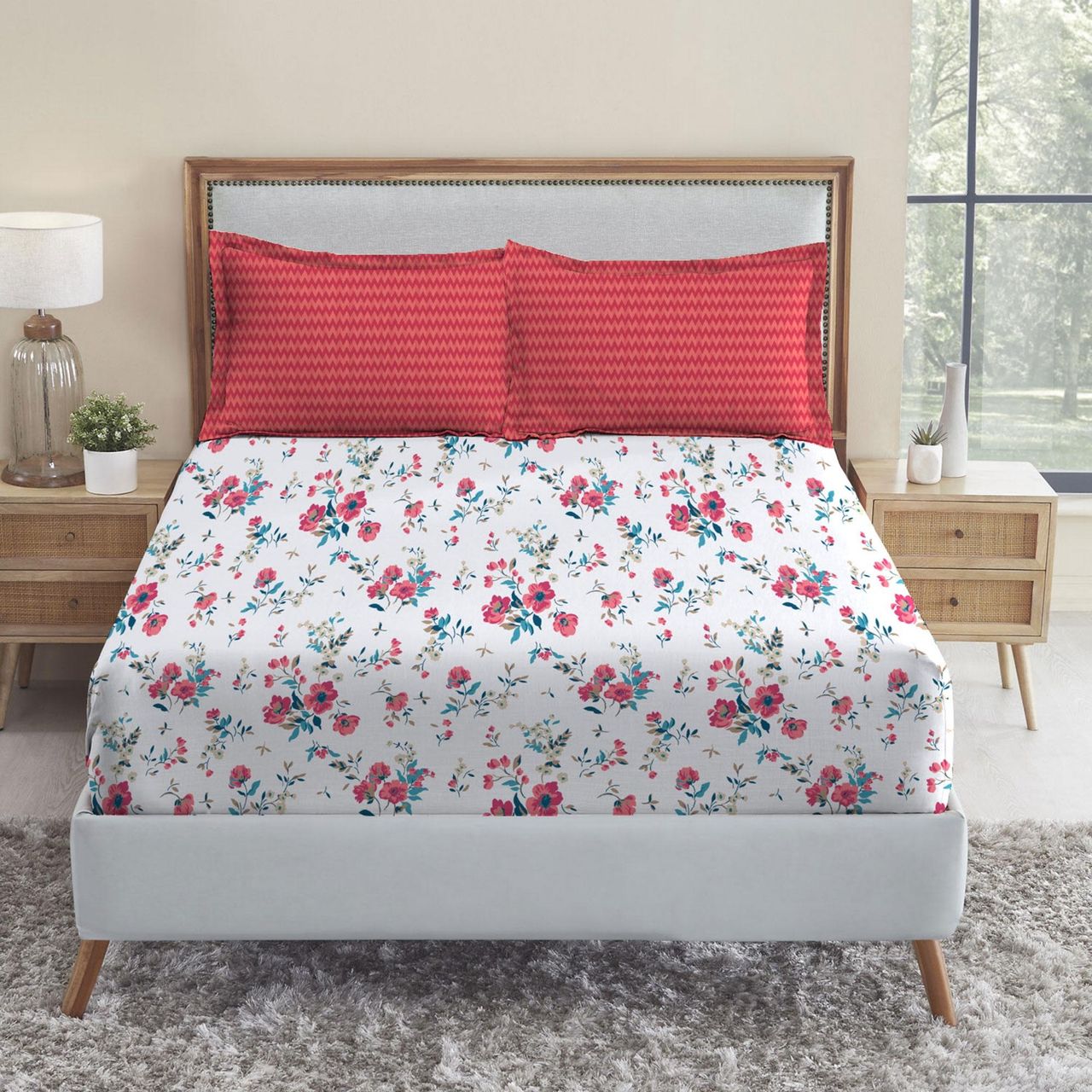 Mytrident Bedsheet Set | Queen Size Double Bed sheet set | 100% Cotton - Sunset Magenta