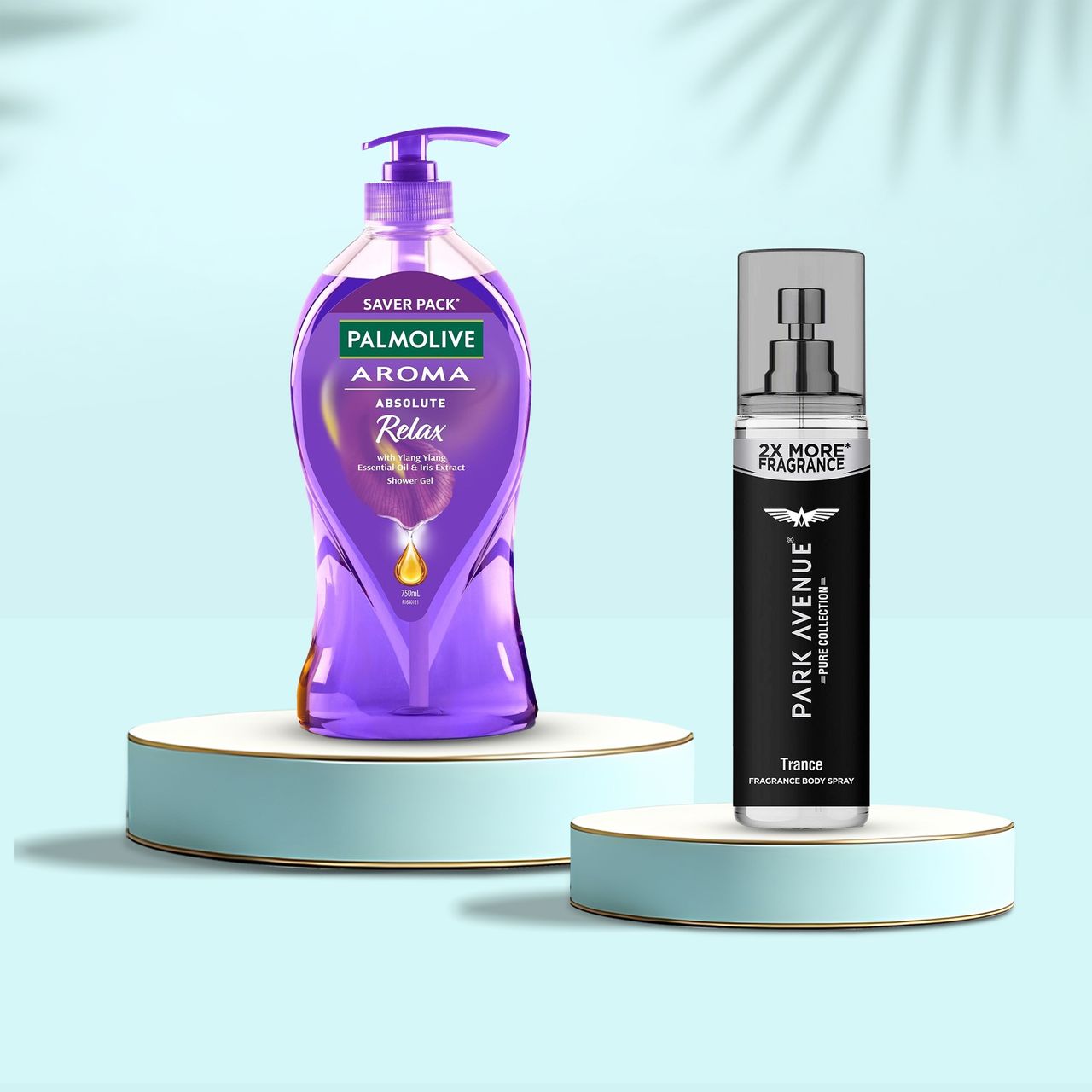 Palmolive Iris & Ylang Ylang Essential Oil Aroma Absolute Relax, Moisturizing Body Wash (750ml) & Park Avenue Pure Collection Trance Perfume Spray (135ml) Combo