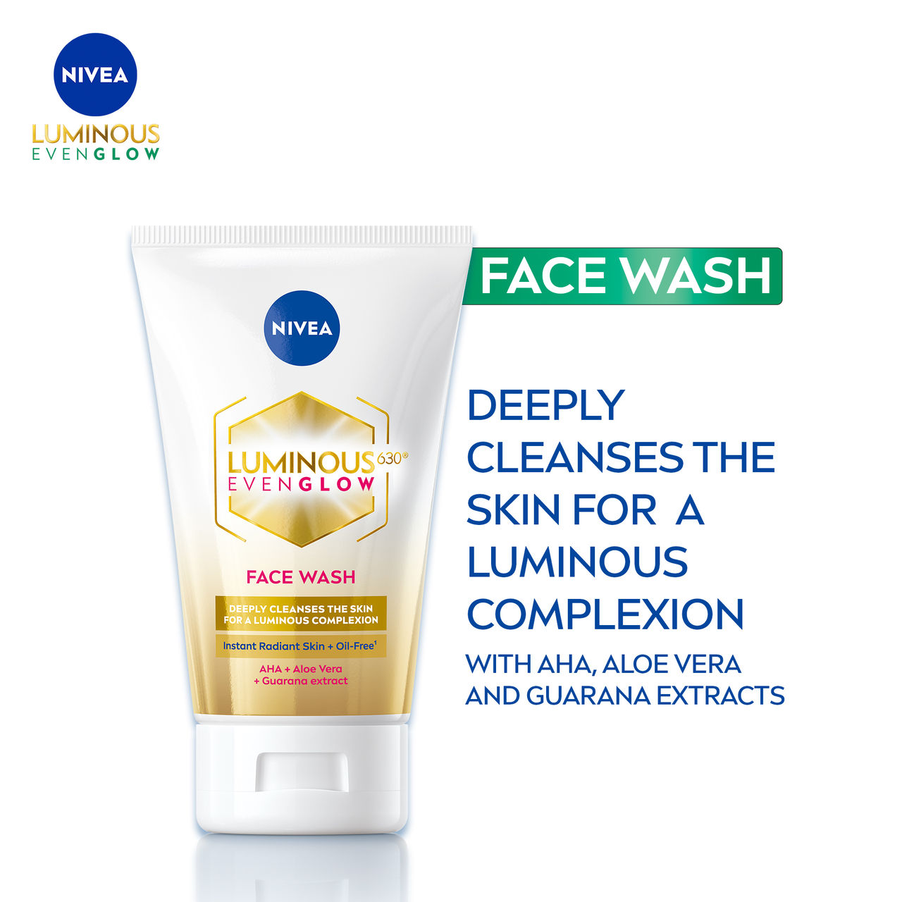 NIVEA Luminous Even Glow Face wash | Oil free formula, AHA, Aloe vera, Guarana Extract | Deep clean