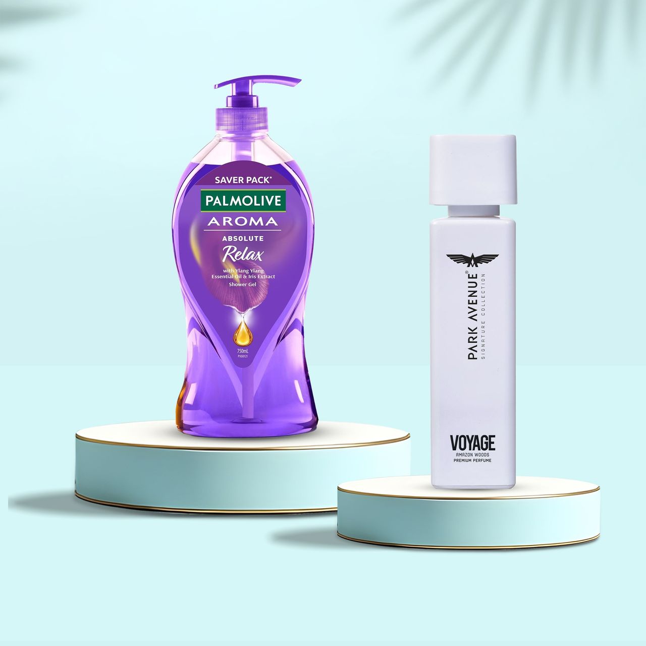 Palmolive Iris & Ylang Ylang Essential Oil Aroma Absolute Relax, Moisturizing Body Wash (750ml) & Park Avenue Voyage Amazon Woods Perfume Body Spray (120ml) Combo