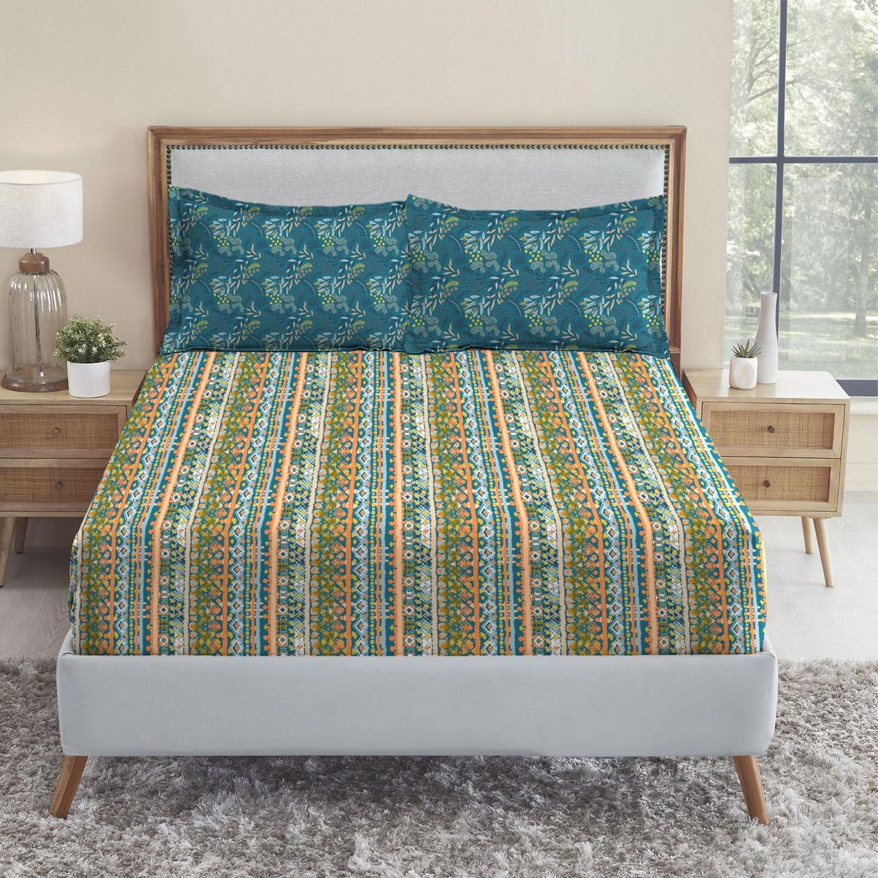 Mytrident Bedsheet Set | Queen Size Double Bed sheet set | 100% Cotton - Midnight Bloom