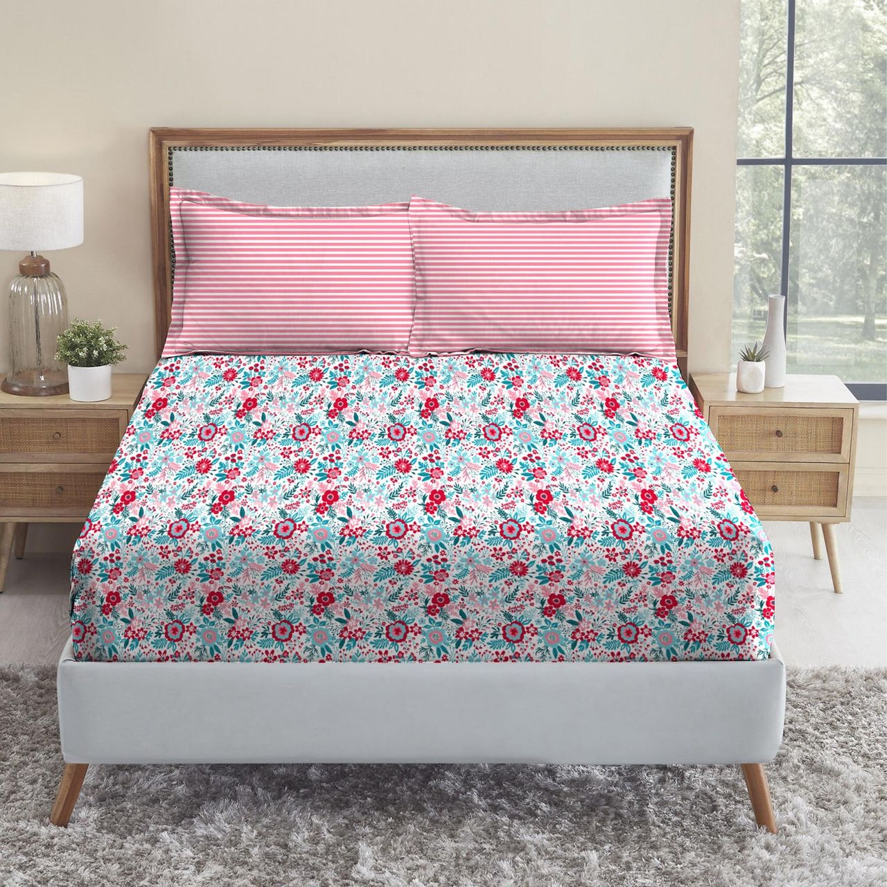 Mytrident Bedsheet Set | Queen Size Double Bed sheet set | 100% Cotton - Gardenia Blooms Pink