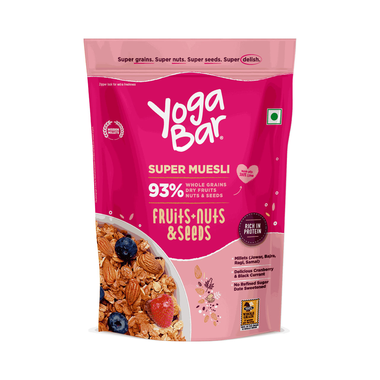 Yoga Bar Muesli 91% Fruits Nuts & Seeds, Protein Rich Wholegrain Breakfast Cereals, Granola
