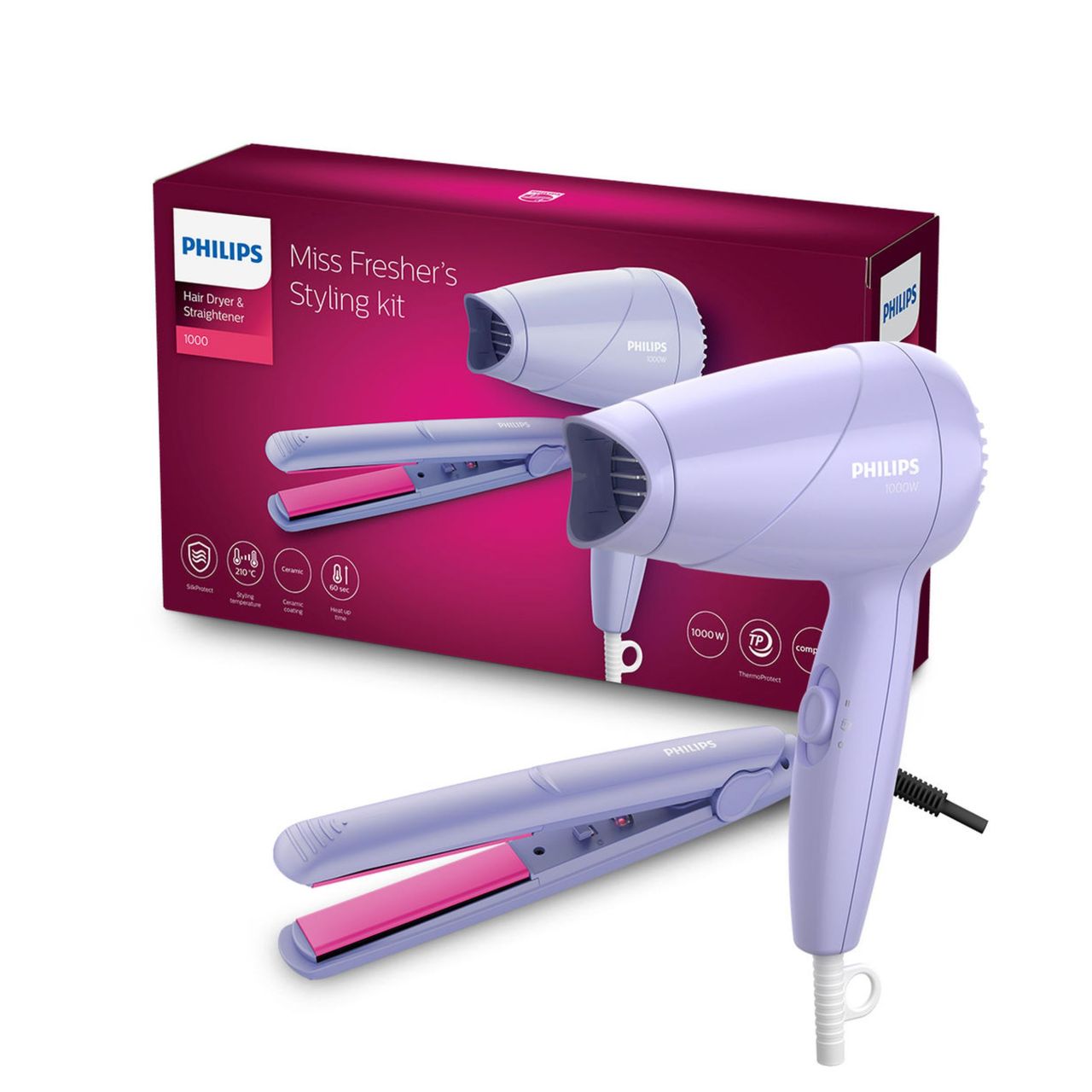 Philips Miss Fresher's Hair Styling Kit|1000W Hair Dryer and Hair Straightener Combo|HP8643/56