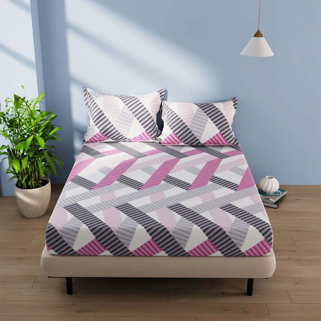 Bianca Cotton Double Bedsheet With 2 Pillow Covers 3pc Set | Serina Geometric - Pink/Multi