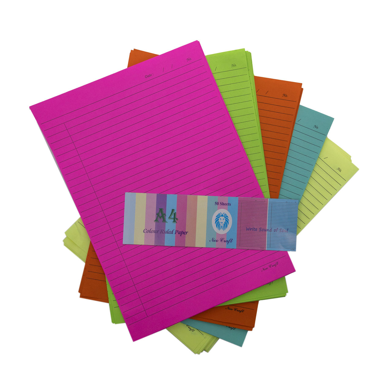 A/4 Size Bright Shades Colour Ruled Paper 50 Sheets Five Colour