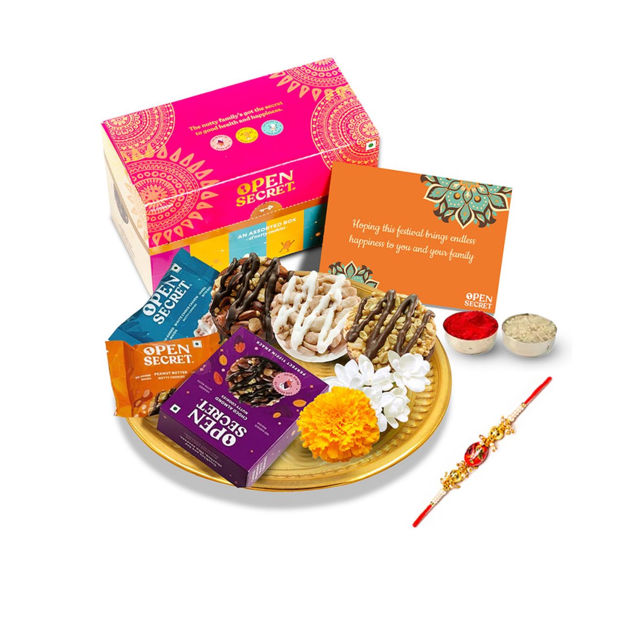 Open Secret Rakhi Gift Hamper with Chocolate Cookies and Roli Chawal