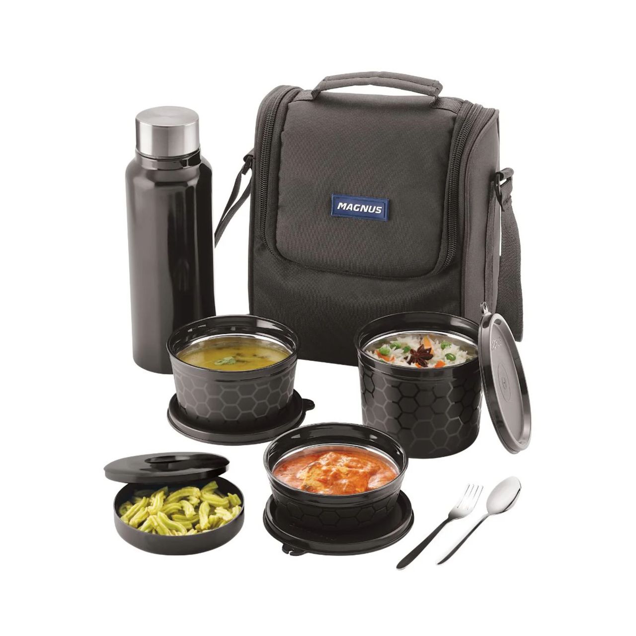 Magnus Microwave Eva 5 Lunch Box ( Black ) - 3 Containers, 1 Small Box, 1 Bottle, Cutlery Stainless