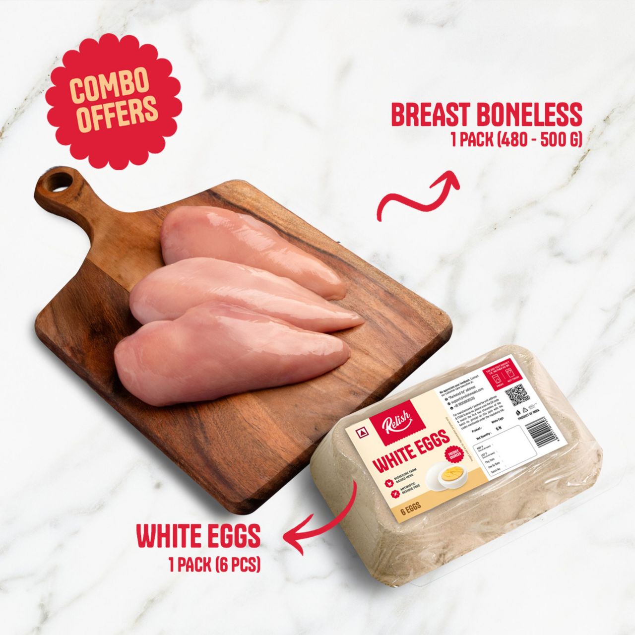 Relish Chicken Breast Boneless (500g) & Relish White Eggs - Pack Of 6 (6pc) Combo 