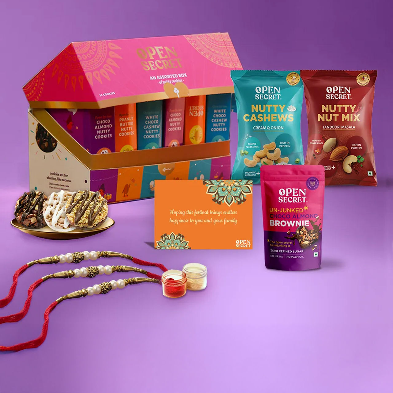 Open Secret Rakhi Chocolate, Brownie and Dry Fruits Gift Hamper | 3 Rakhis, Roli Chawal, Card