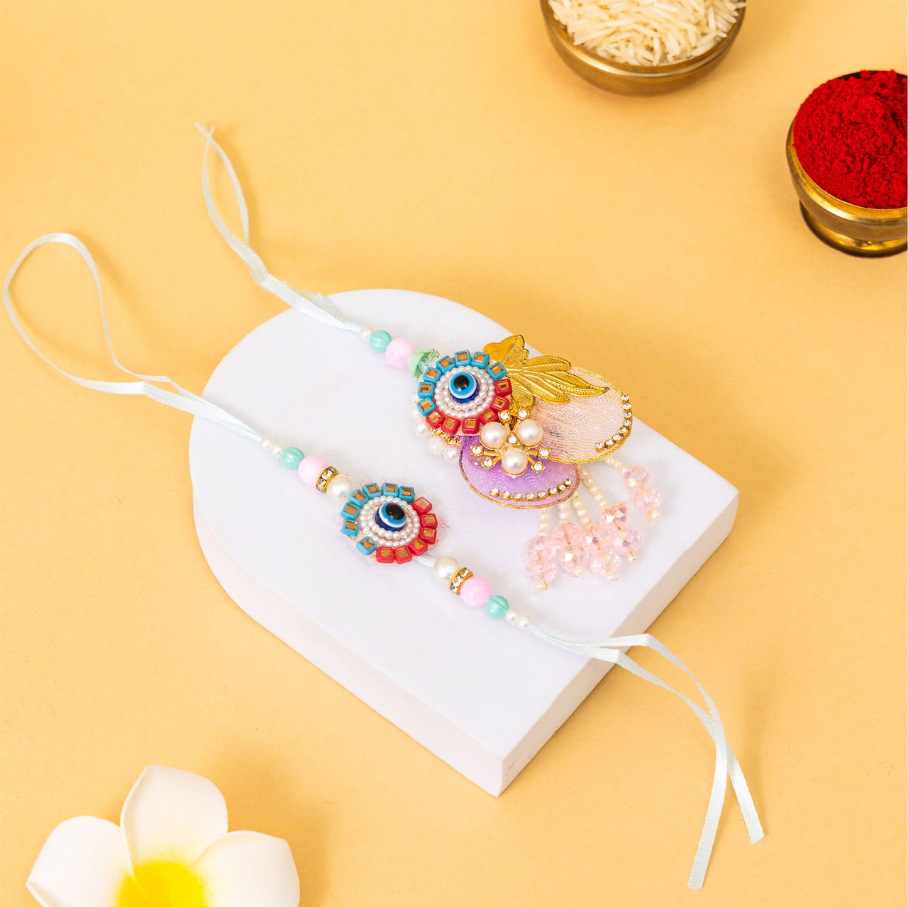 Tied Ribbons Rakhi for Bhaiya and Bahbhi with Roli Chawal