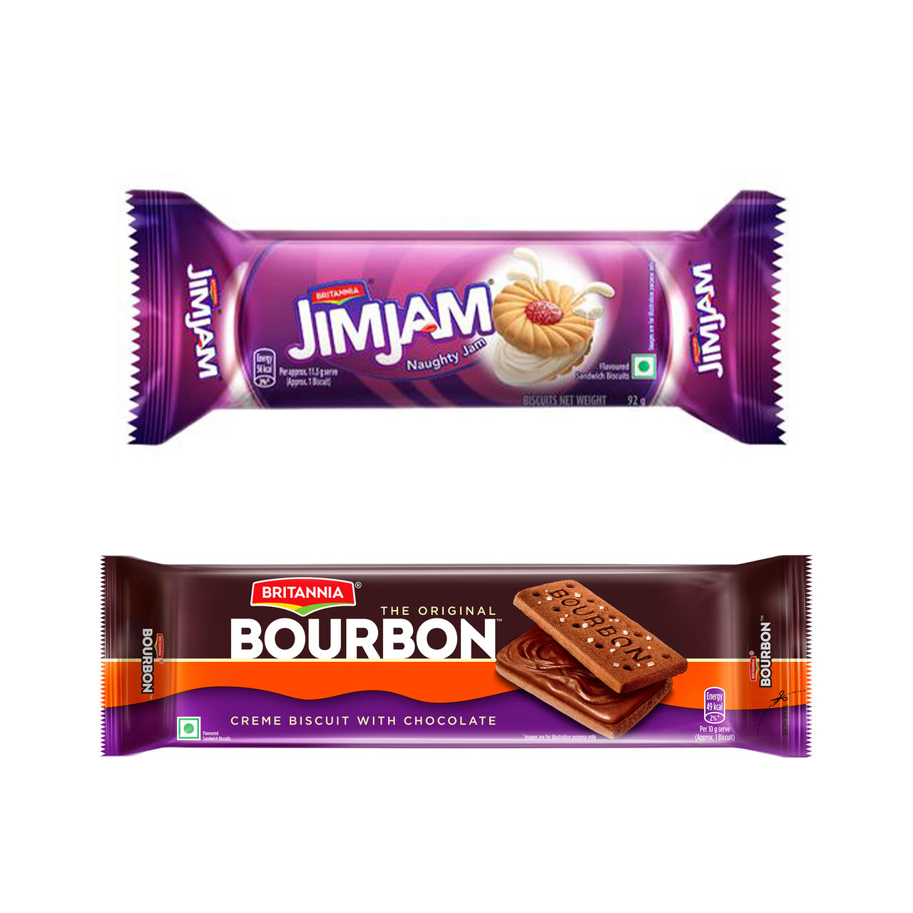 Britannia Bourbon Chocolate Cream Biscuits 150 gms & Treat Jimjam Cream Biscuits 100 gms Combo