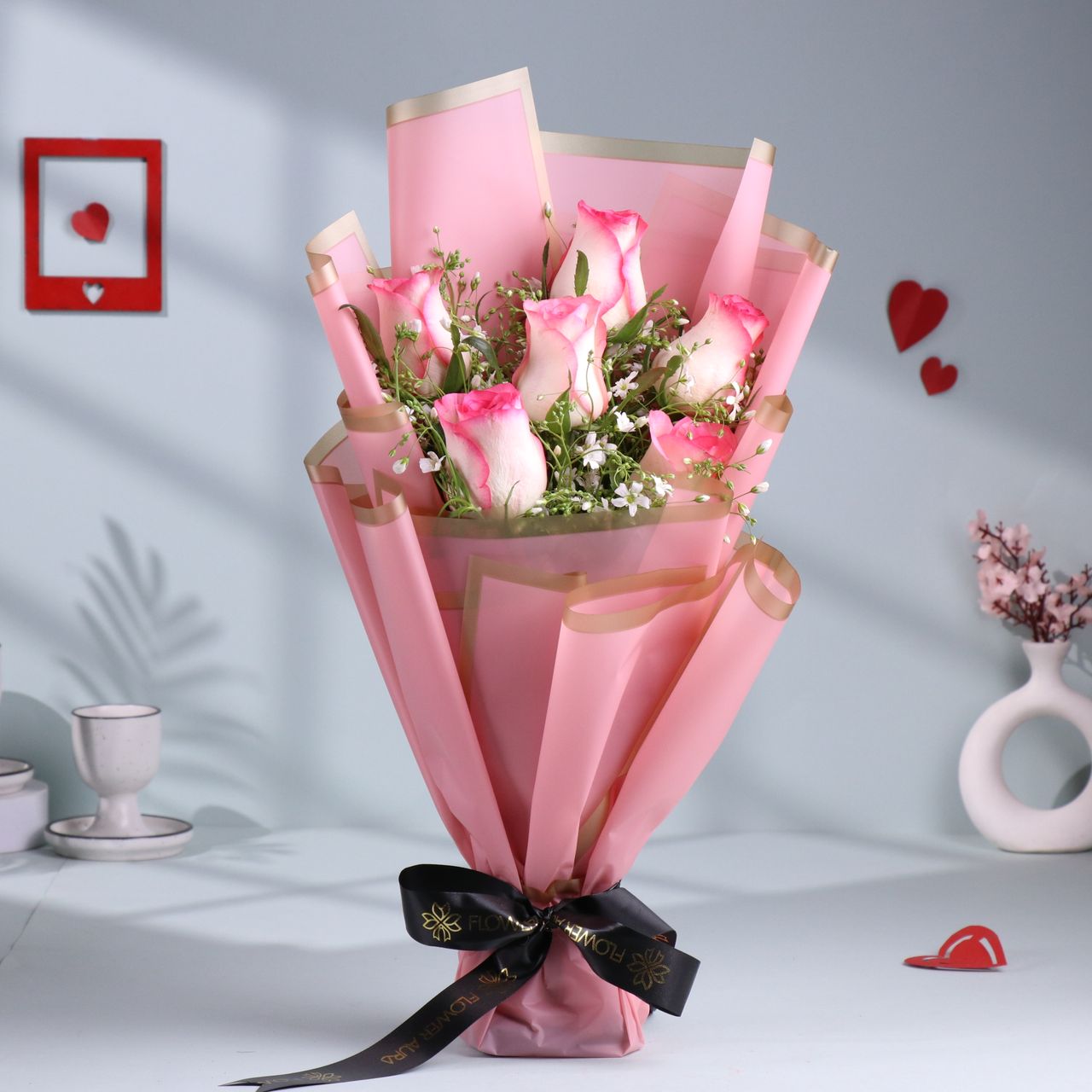 FlowerAura 6 Pink Roses in Pink China Paper