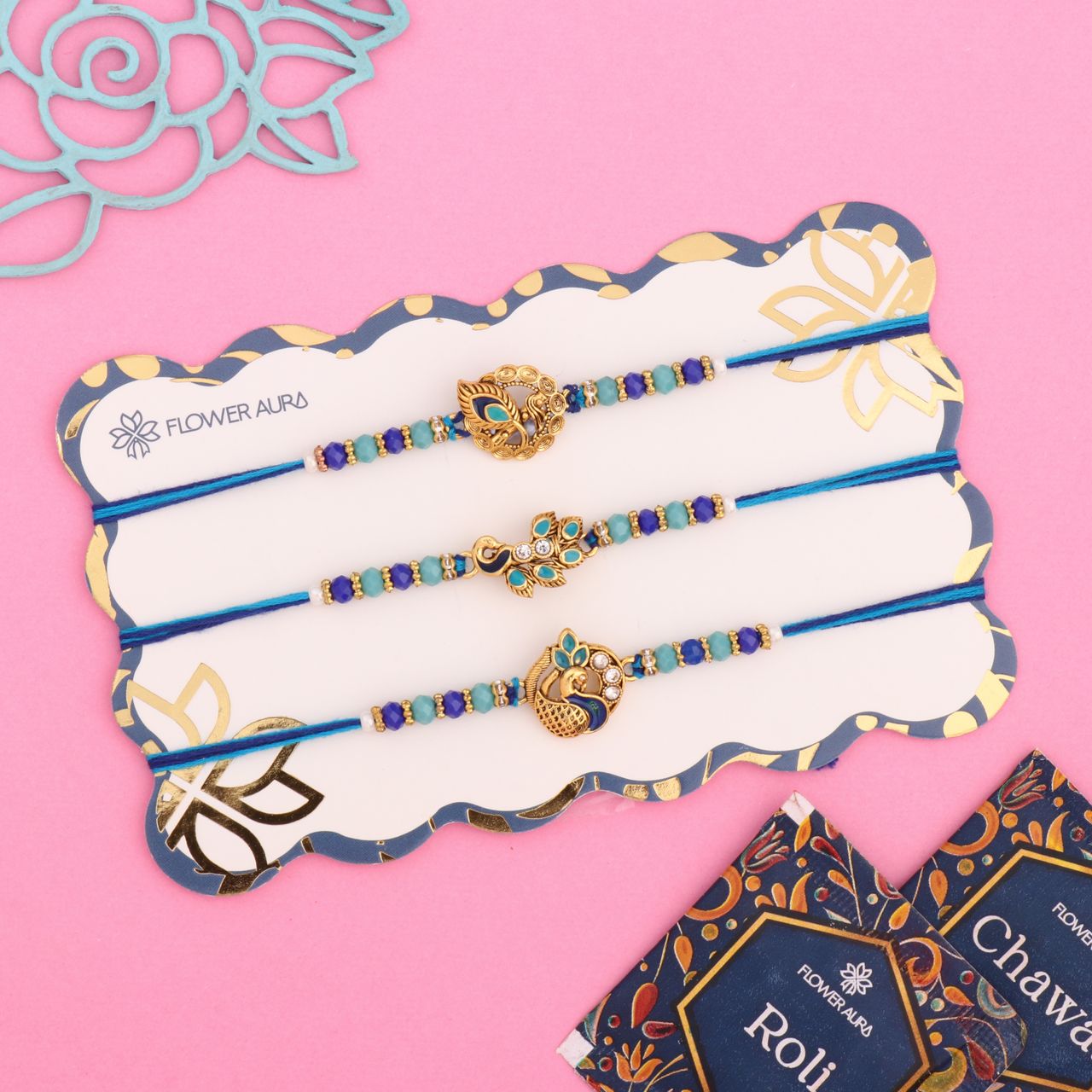 Floweraura Peacock Theme Beaded Rakhi Trio