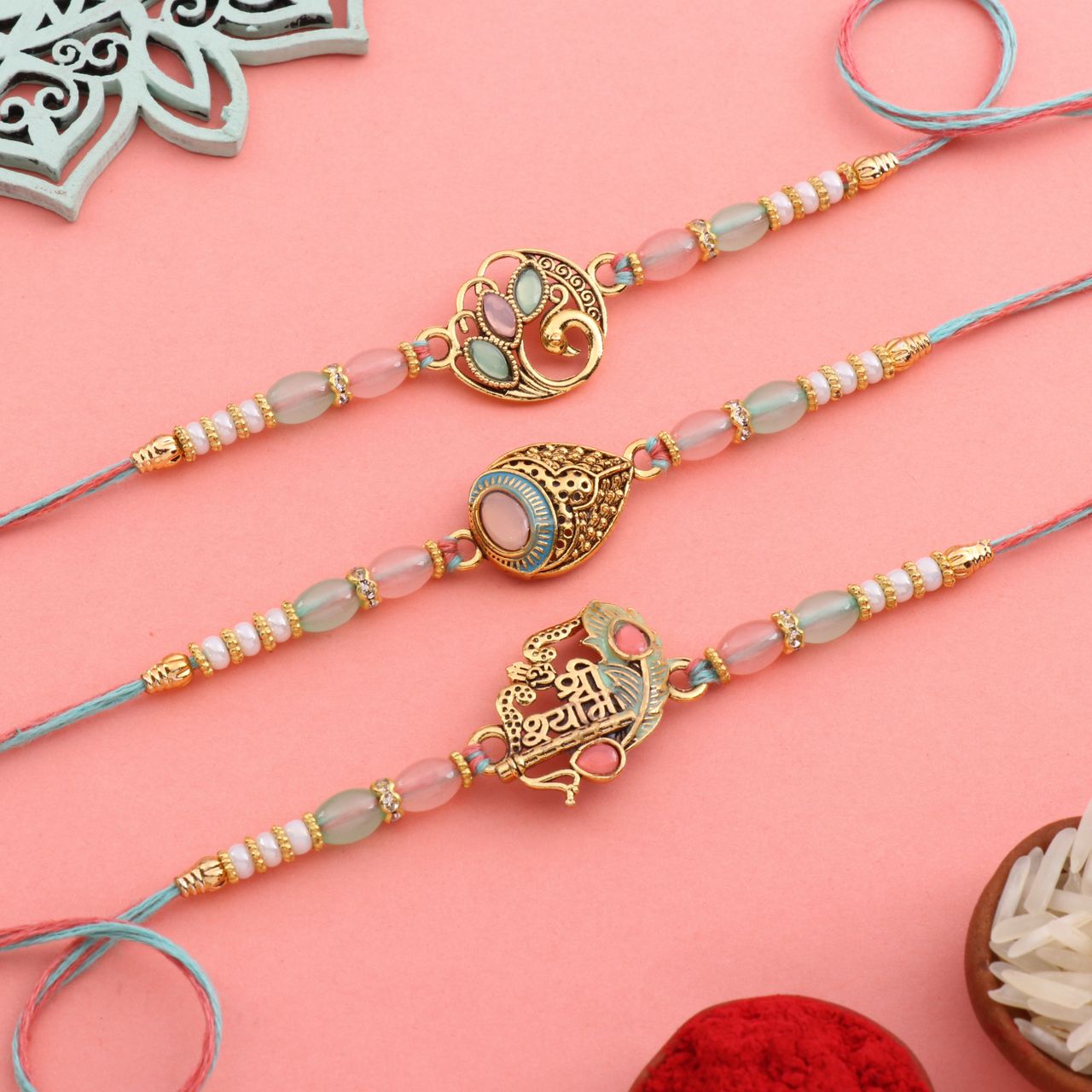 Floweraura Pastel Charm Rakhi Trio