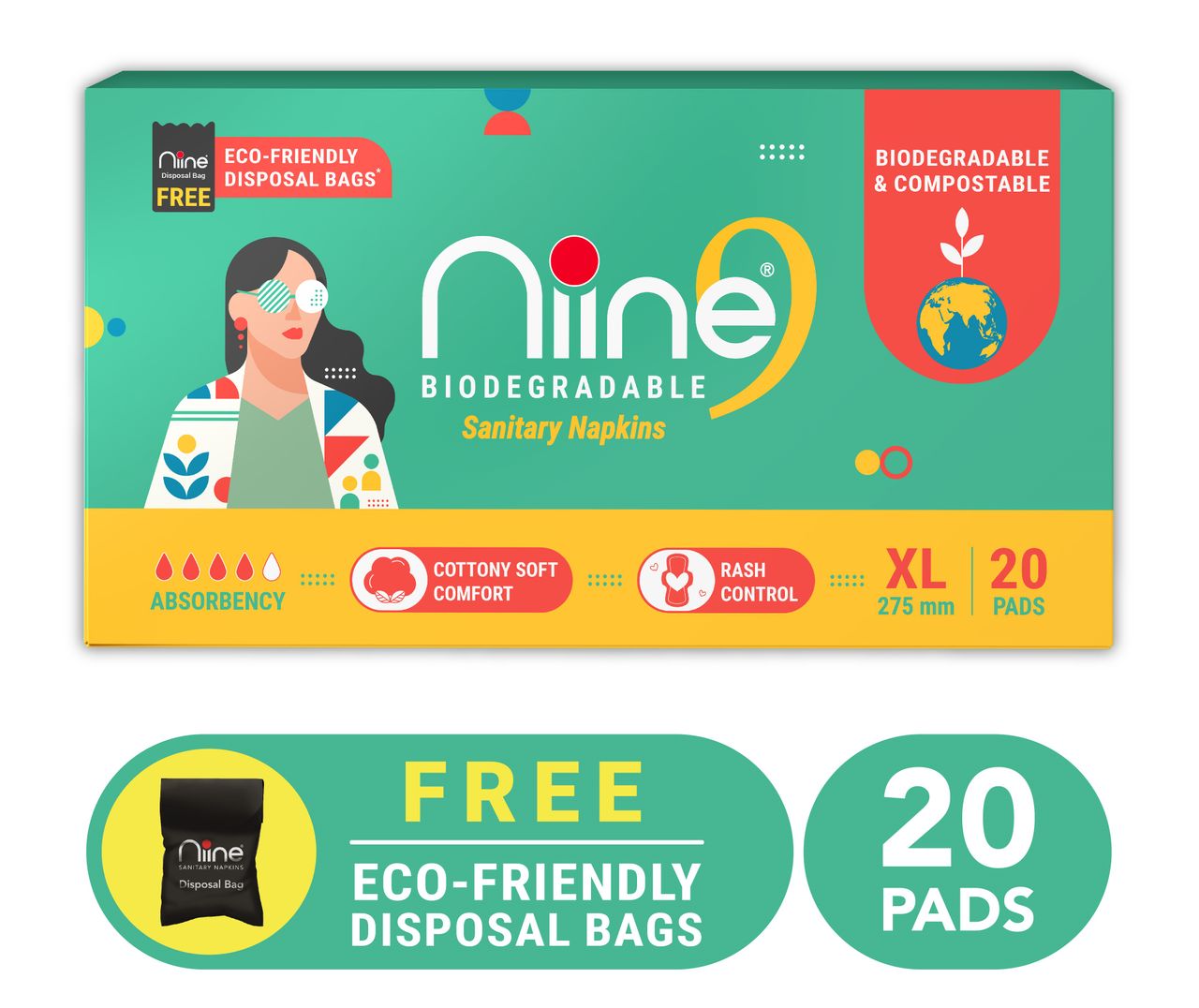 Niine Biodegradable XL Sanitary Napkins | 275 mm