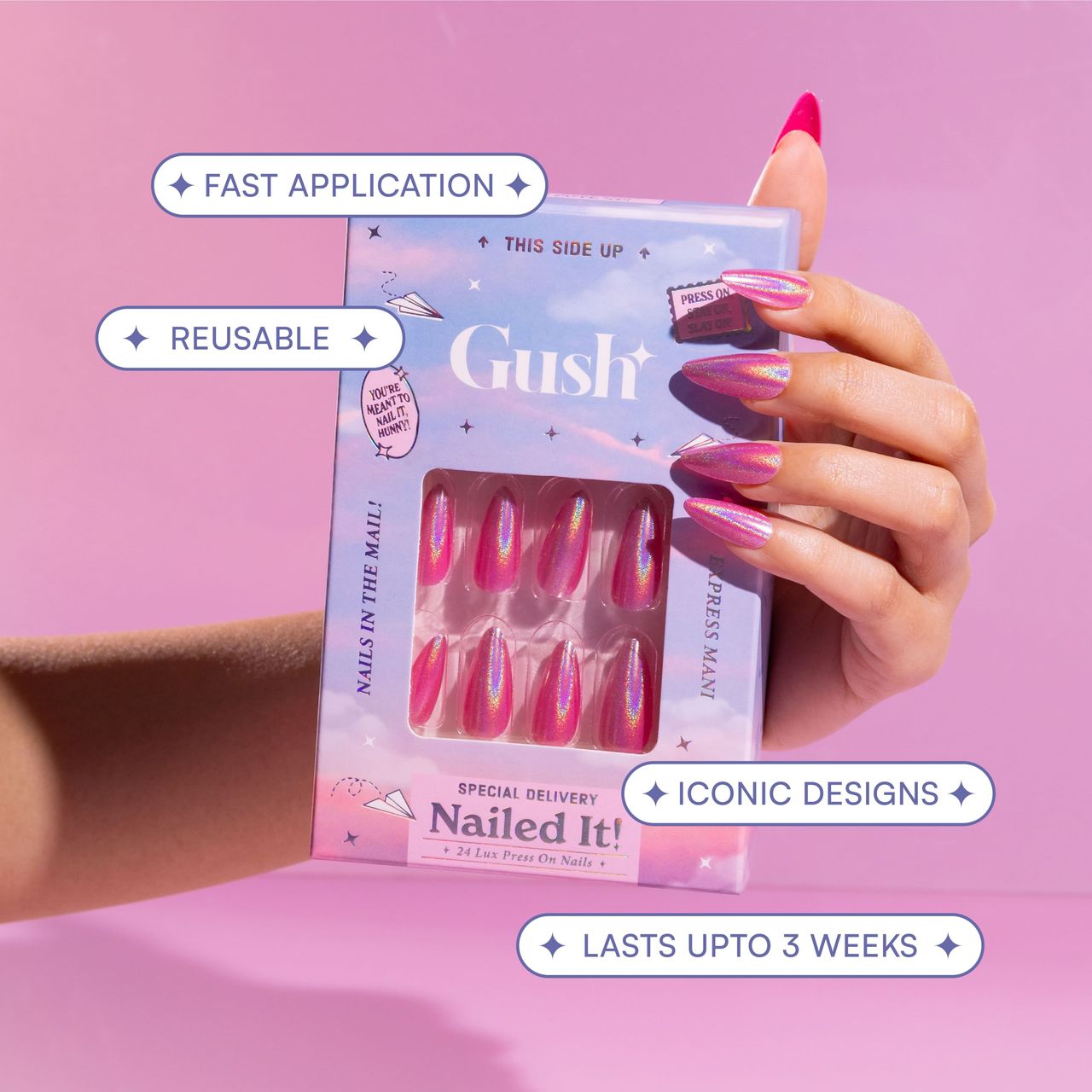 Gush Beauty Nailed It | Reusable Luxury Press On Nails | Long Coffin Brown | Mehr | Nude & White