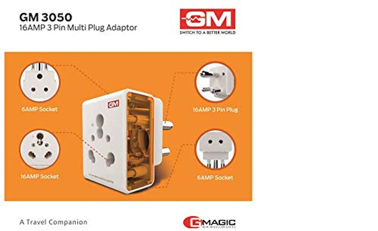 GM 3050 16 AMP 3 Pin Multi Plug Travel Adaptor Suitable for Class I and II  Appliances(16A Socket)
