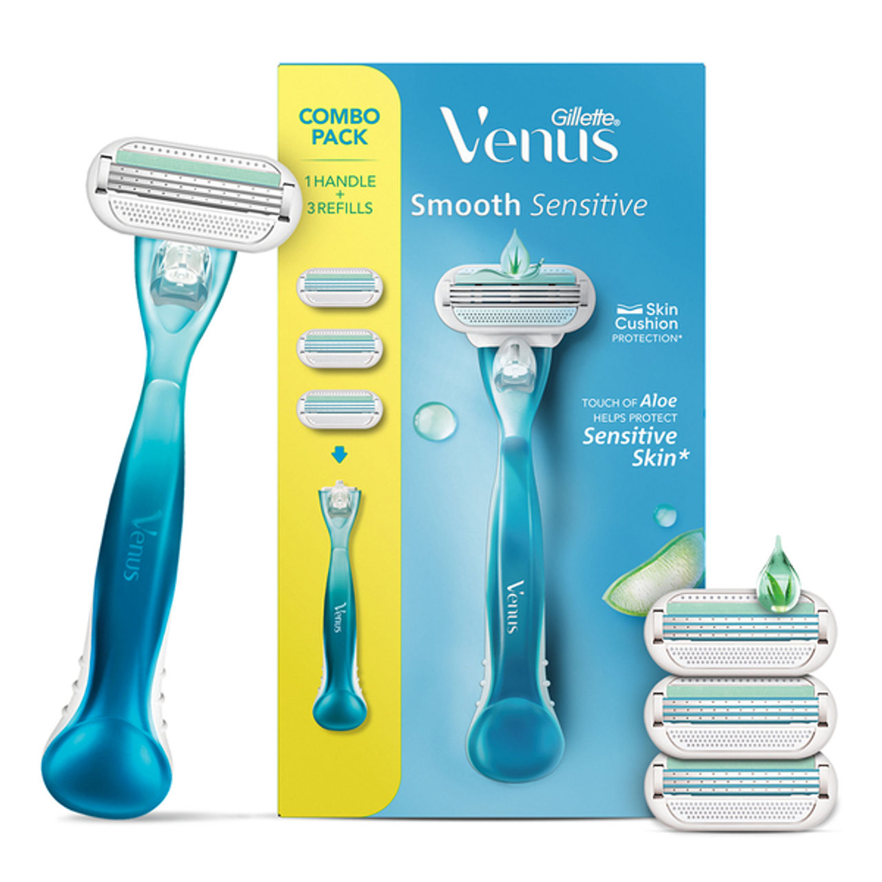 Gillette Venus Smooth Combo Pack|Razor Plus 2 Refills|Aloe Vera Smooth
