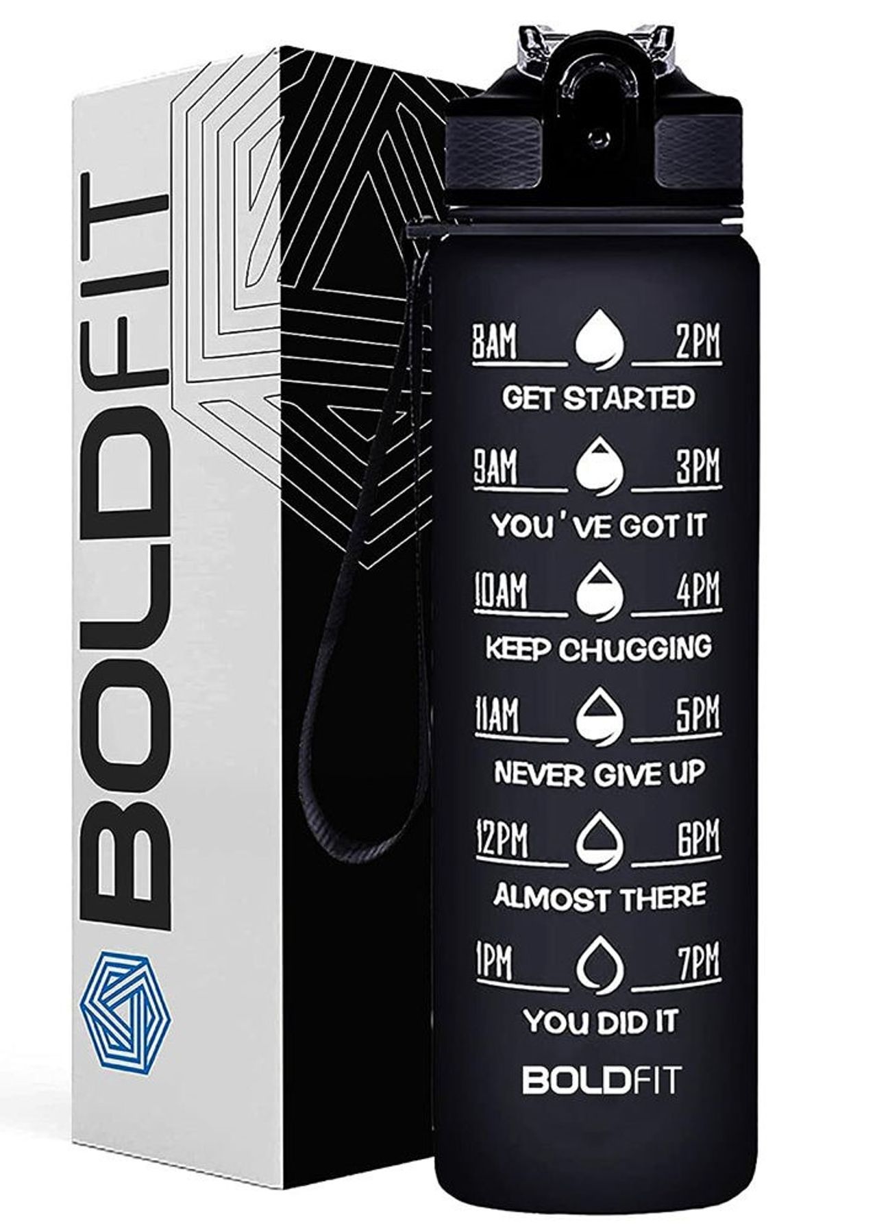 Boldfit Water Bottle With Motivational Time Markers 1 Litre - Black
