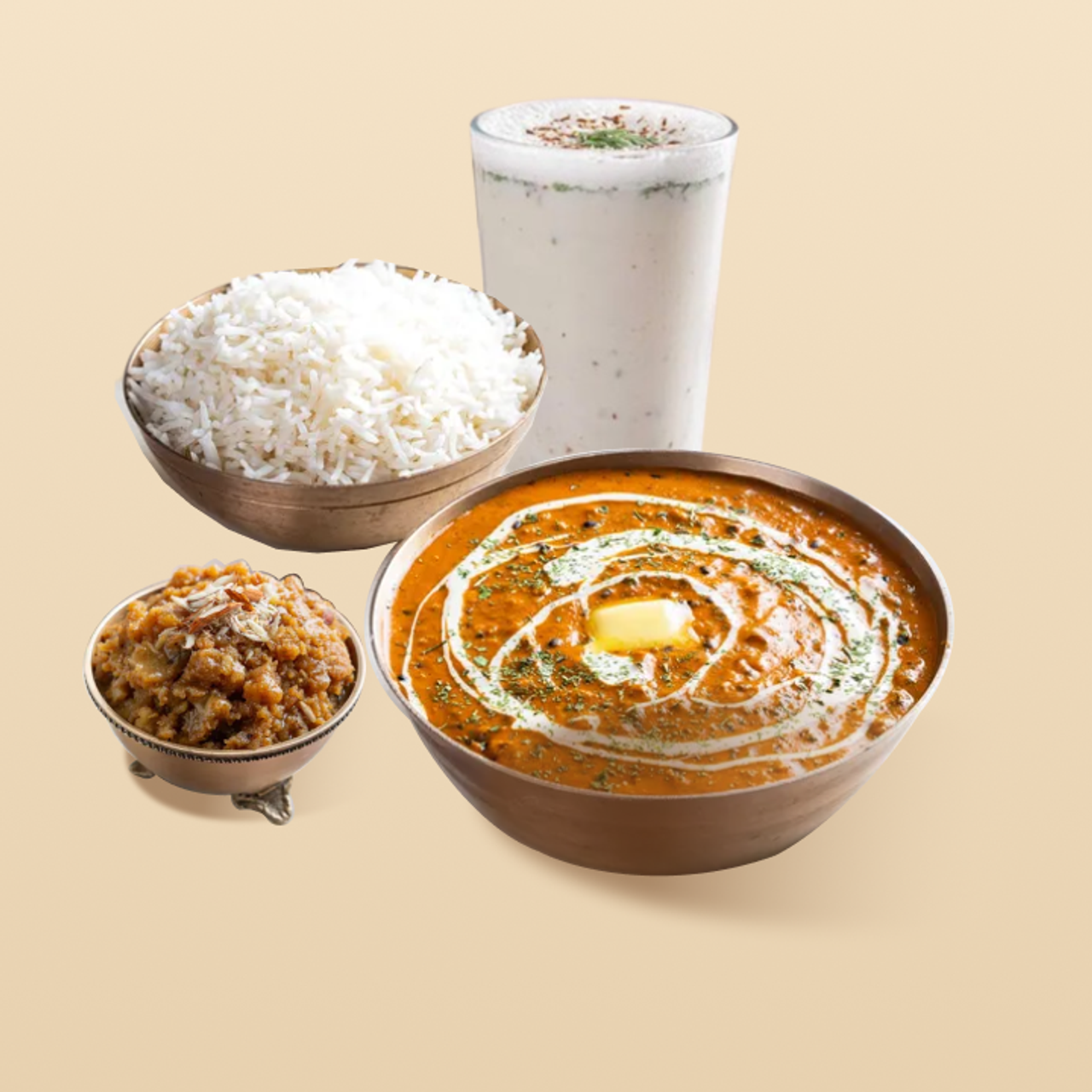 Masala Chaas + Dal Makhani & Rice + Moong Dal Halwa