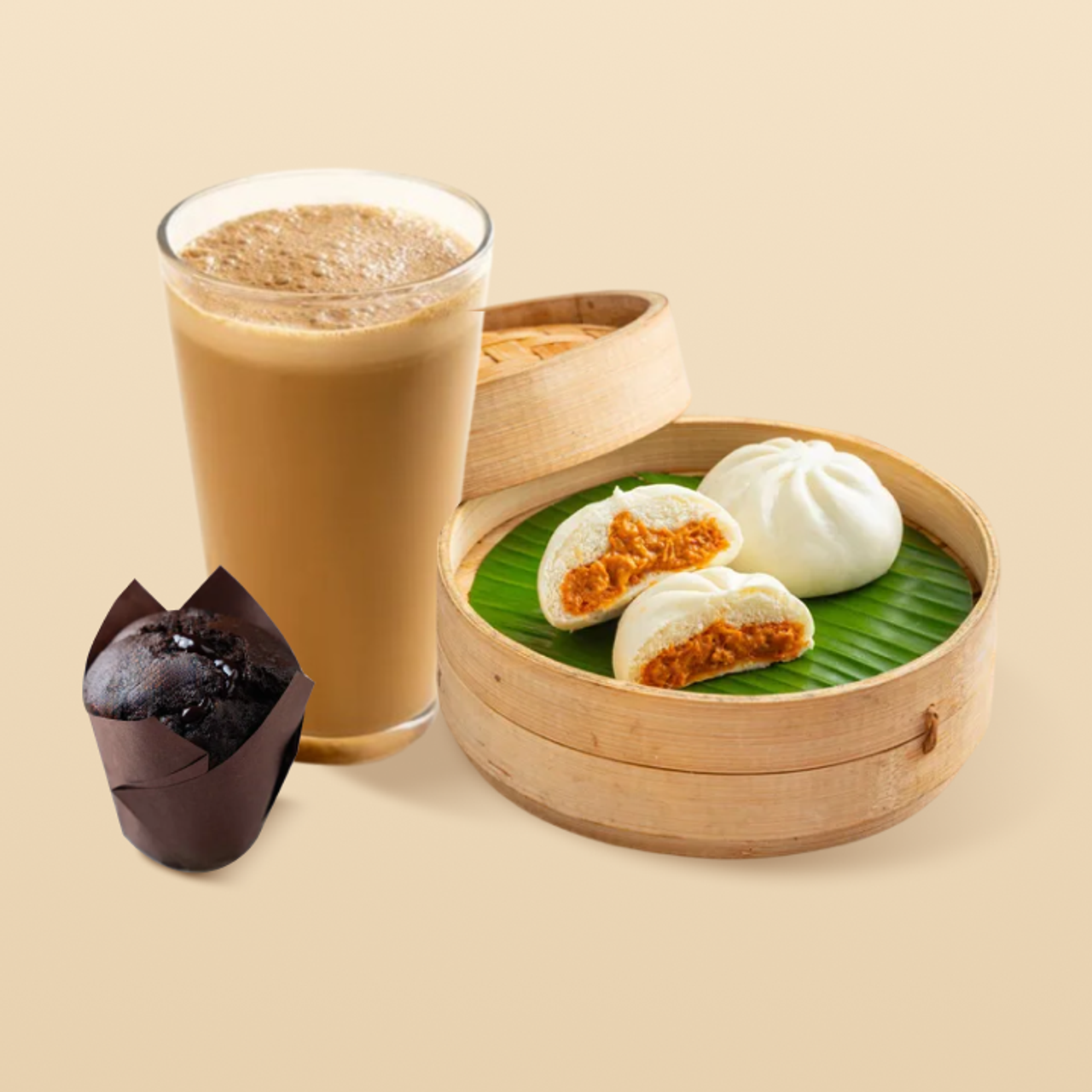Steamed Veg Pizza Bao + Hazelnut Cold Coffee + Chocolate Chip muffin 