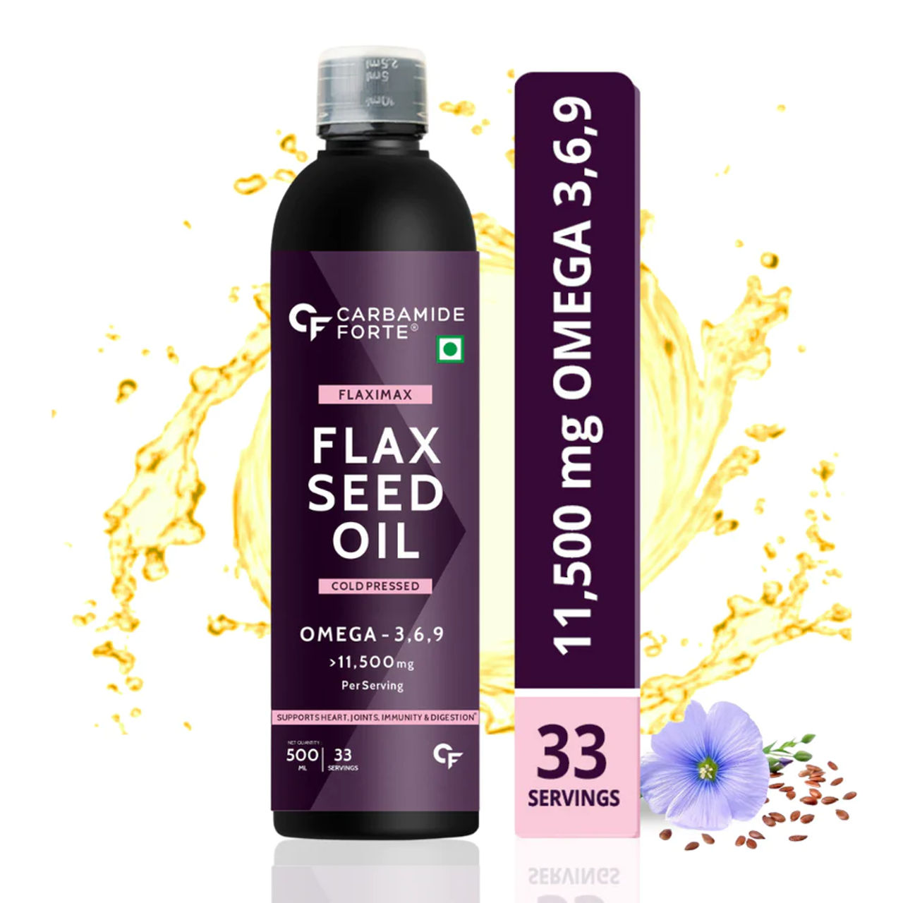 Carbamide Forte Cold Pressed Flaxseed Oil with 11500mg Omega 3,6,9 per Serving For Eating, Skin & Hair Growth