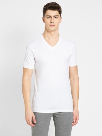 Jockey 2726 Men's Super Combed Cotton Rich Solid V Neck Half Sleeve T-Shirt | White-L