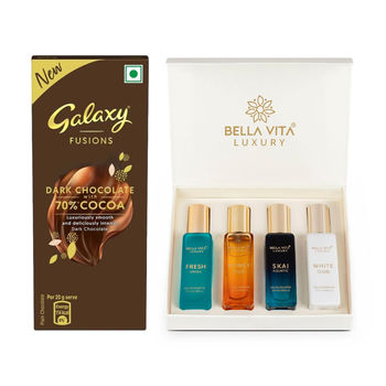 Galaxy Fusions Silky Smooth Dark Chocolate Bar, Made With 70% Cocoa(27.5gms) & Bella Vita Organic Unisex Luxury Perfume Gift Set(80ml) Combo