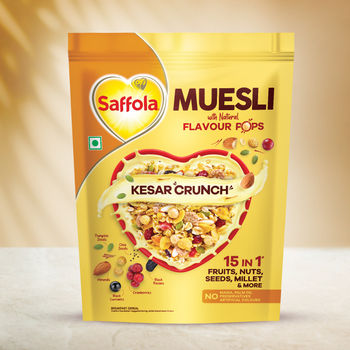 Saffola Muesli Kesar Crunch With Flavour Pops, Fruits, Nuts, Seeds, Millets (15 In 1)