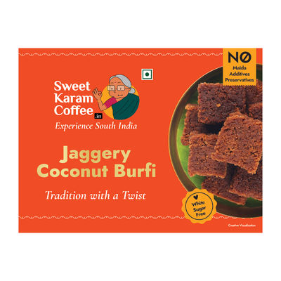 Sweet Karam Coffee Jaggery Coconut Burfi - No White Sugar