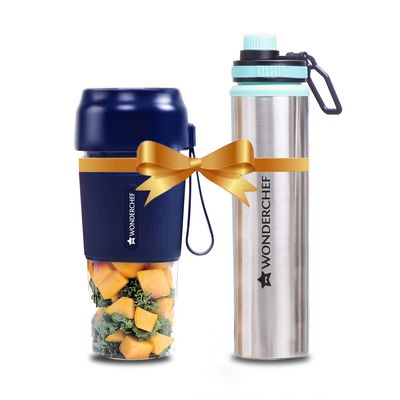 Wonderchef Nutri-Cup Portal Blender 300 ml & Stainless Steel Bottle 750 ml, Blue/Silver