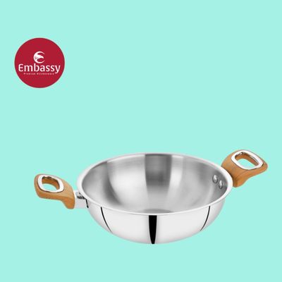 Embassy Thickply Kadhai 2000 ml, Wooden-Finish Handle, Size 12, Premium Stainless Steel