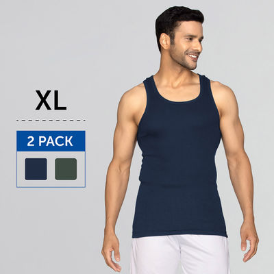 XYXX Nova Solid Super Combed Cotton  Round Neck Vest | Pack of 2  | Black Iris + Olive- XL