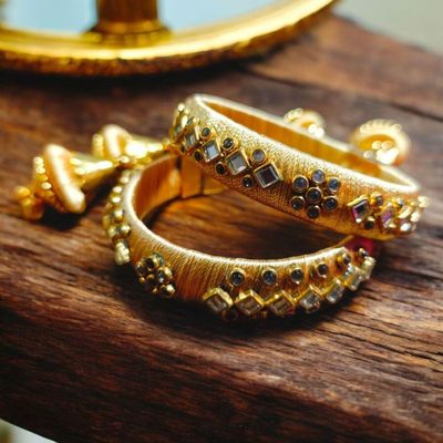 House Of Festivals Designer Bangles with Silk Thread Work - Beige