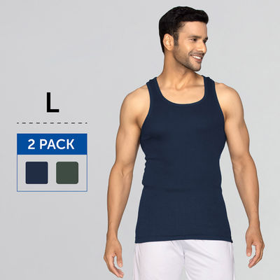 XYXX Nova Solid Super Combed Cotton  Round Neck Vest | Pack of 2  | Black Iris + Olive- L