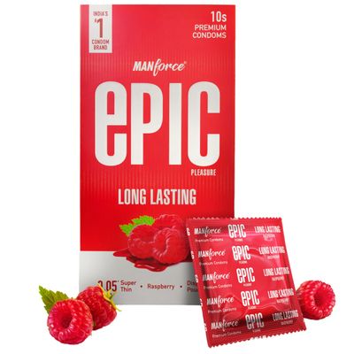 Manforce Epic Pleasure Long Lasting Premium Condoms for Men Super Thin Raspberry Flavour Disposable Pouch