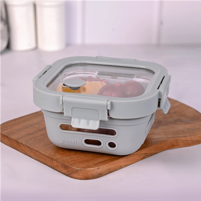 Glasafe Fresh Grip Borosilicate Glass Tiffin With Protective Silicone Sleeve (Soothing Slate) 520Ml