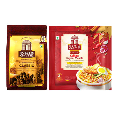 India Gate Gold Standard Classic Basmati Rice | 2 Years Aged | Extra Long Grains (1kg) & India Gate Kolkata Classic Biryani Masala 70 Gram (70g) Combo