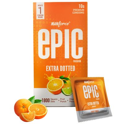 Manforce Epic Passion Extra Dotted Premium Condoms For Men With 1800 Square Dots For Intense Pleasure Fruit Punch Flavour Disposable Pouch
