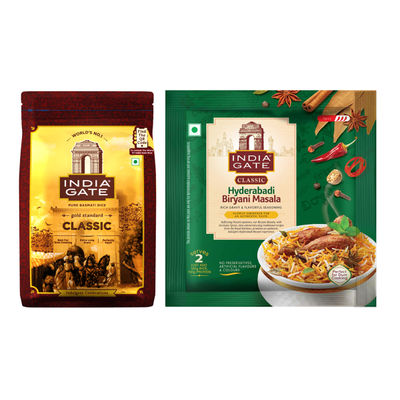 India Gate Gold Standard Classic Basmati Rice | 2 Years Aged | Extra Long Grains (1kg) & India Gate Classic Hyderabadi Biryani Masala (70g) Combo